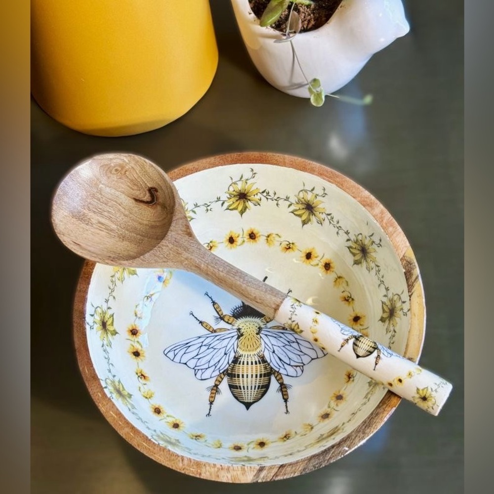 French Country Floral Bee Artisanal Handcrafted 8" Serving Bowl & Spoon Set New